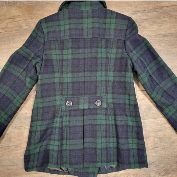 St John's Bay Wool Blend Peacoat Blue Green Plaid Size S Small Lined Pea Coat - Picture 7 of 12
